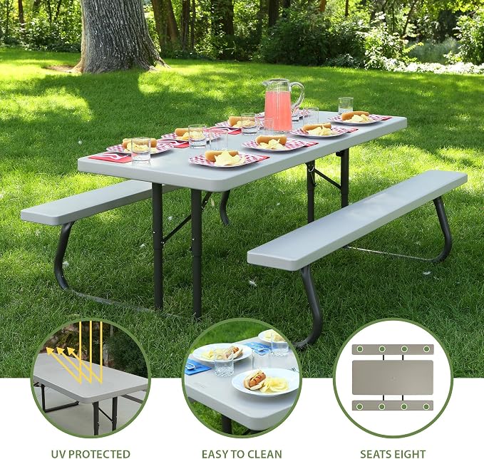 LIFETIME 6‑Foot Folding Picnic Table, Outdoor Portable Bench Seating for 8, UV‑Protected HDPE, Powder‑Coated Steel Frame, Stain‑Resistant, Folds Flat for Storage - Image 3