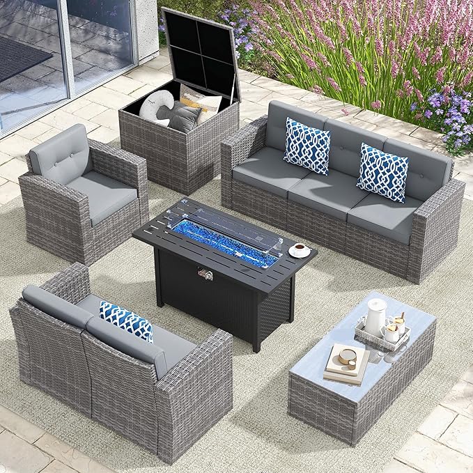 JOIVI 9 Pieces Outdoor Patio Furniture Set with 45” Fire Pit Table, Rattan Patio Conversation Set with 50000 BTU Gas Fire Pit, Wicker Outdoor Sectional Sofa Set with Storage Box and Coffee Table, Gray