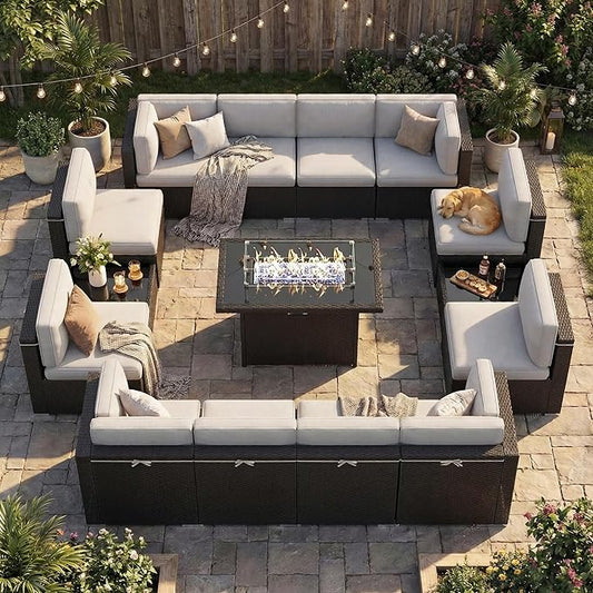15 Pieces Patio Furniture Set with 44" Propane Gas Fire Pit Table, Outdoor Sectional Wicker Conversation Sofa Sets with Coffee Table