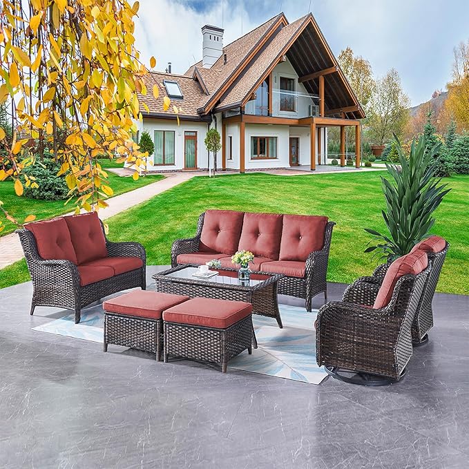 Rilyson Wicker Patio Furniture Set - 7 Piece Rattan Outdoor Sectional Conversation Sets with 2 Rocking Swivel Chairs,2 Ottomans,1 Sofa,1 Loveseat and 1 Coffee Table for Porch Deck Garden(Brown/Red)