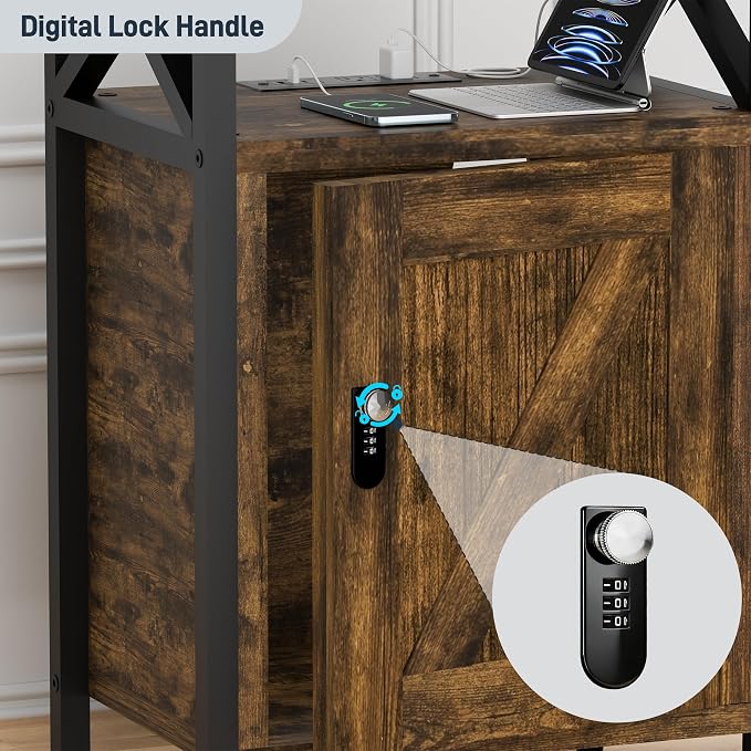 runjuly Wooden Nightstand with Lock, Bedside Table with Drawer, Bed Side Table with Charging Station, 3 USB & 2 Outlets, Night Stand with Storage Cabinet, End Table for Bedroom, Brown - Image 5