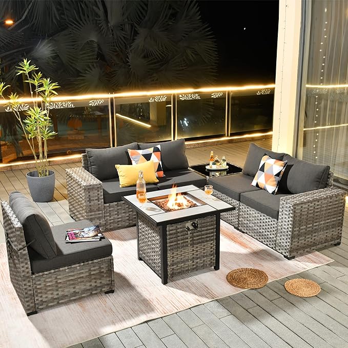 HOOOWOOO Modular Patio Outdoor Sectional Furniture Set with Gas Propane Fire Pit Table,7 Piece Wicker Conversation Sofa Set,Out Door Couch Set with Wide Arm Outside(Black)
