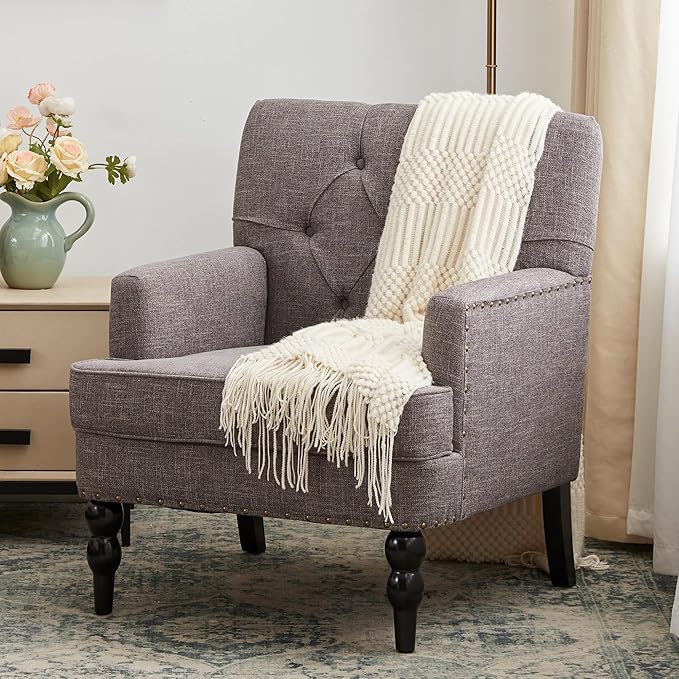 HUIMO Tufted Club Chair with Lumbar Pillow,Upholstered Button Armchair,Accent Reading Chair,Linen Fabric Sofa Chairs for Bedroom, Living Room, Mid Century Modern with Studded Chair Grey