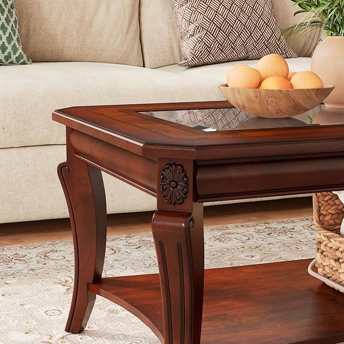 PADMA HOUSE Traditional Wood Coffee Table with Glasstop & Curved Legs, Rectangle Solid Wood Tea Table with Storage Shelf, 2-Tier Glass Center Tables in Cherry for Living Room,47.2 * 23.6 * 17.9in