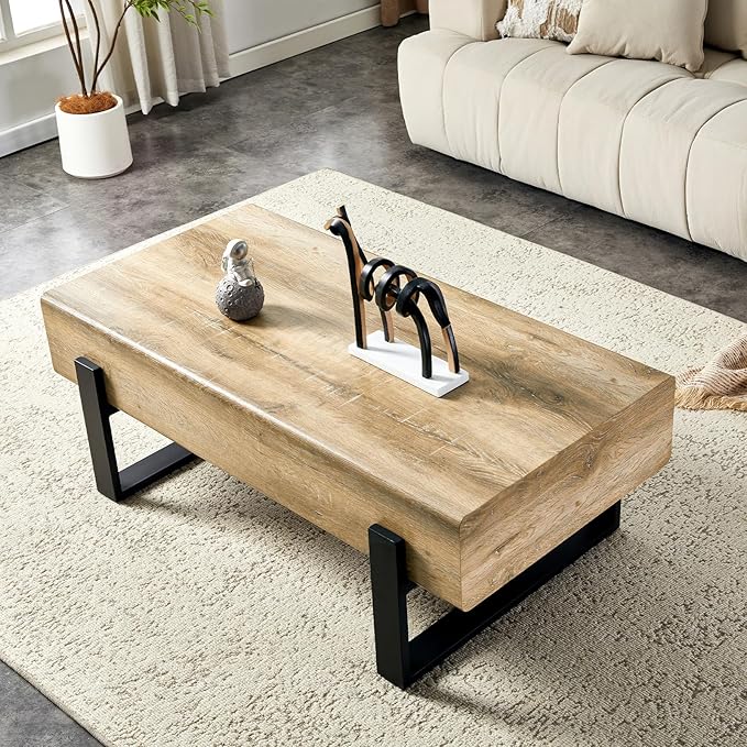 47.24" Rectangle Coffee Table, Wood Coffee Table Center Table with 7.8" Thick Tabletop Metal Legs Rounded Corners for Living Room Office, Natural Wood