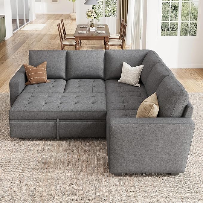 HONBAY Modular Sectional Sofa with Pull Out Bed Convertible L Shaped Couch with Storage Seat Sleeper Sectional Couches for Living Room,Mid Grey