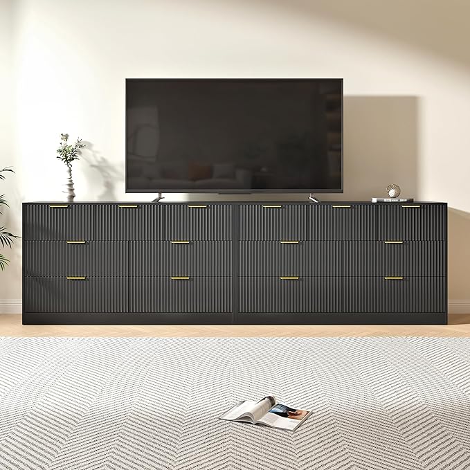 Black Dresser Set of 2, Large Dresser for Bedroom Wooden with 14 Drawers, Fluted Modern Bedroom Furniture Set, TV Stand Dressers & Chests of Drawers for Closet (15.7"D x 110.2"W x 31.8"H)
