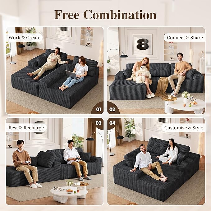 Ball & Cast 106" Boneless Sectional Sofa, Corduroy Modular L Shaped Couch with Deep Seat Chaise, Cloud Style Oversized Sofa for Living Room, No Assembly, Left Facing, Grey