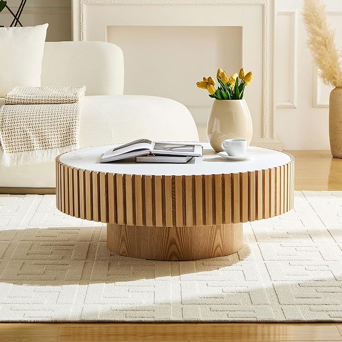 WILLIAMSPACE 35.43" Round Coffee Table with Sintered Stone Tabletop, Modern Farmhouse Wood Circle Drum Center Table for Living Room, Accent Side End Table for Apartment, 13.77" H (Oak+White)