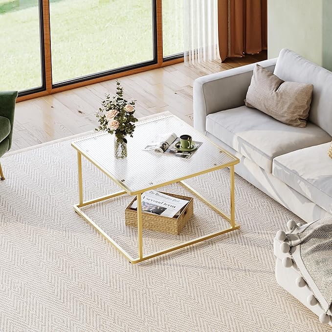 WLIVE Glass Coffee Table, Small Modern Coffee Table for Living Room with Wave Textured Glass & Metal Frame, Square Center Table for Small Spaces Apartment, Office, 26.4 x 26.4in, Gold