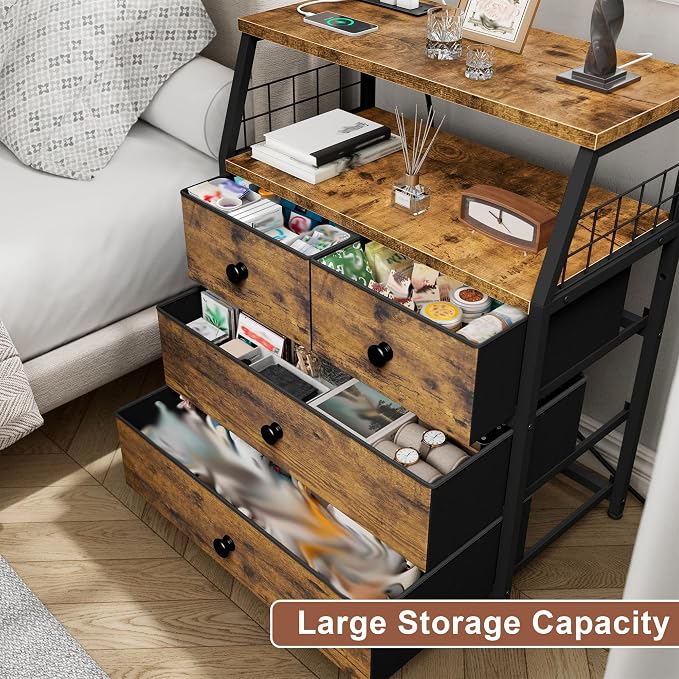 EnHomee Nightstands Set of 2, Bedside Table with Charging Station & LED Lights, End Table with 4 Fabric Drawers, Furniture for Bedroom, Dorm, Closet, Entryway, Wood Top, Rustic Brown | Night Stand, LED Lights, for Bedroom, with Outlets, 2 USB Ports - Image 5