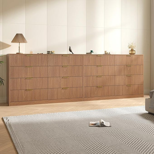 Dresser for Bedroom Set of 2, Large Dresser with 16 Drawers, Fluted Modern Bedroom Furniture Set, TV Stand Dressers & Chests of Drawers for Closet, Natural Wood(15.7" D x 110.2" W x 36" H)