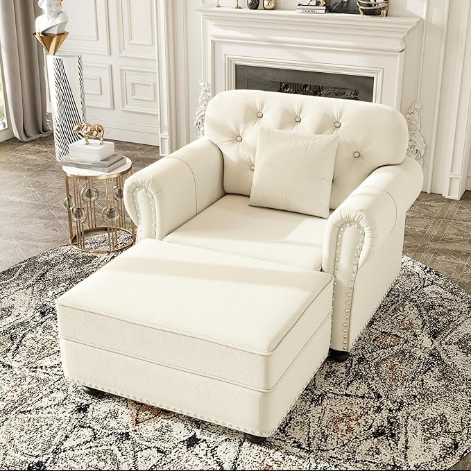 KEIKI 41" Velvet Chesterfield Sofa with Rolled Arms & Nailhead Trim & 1 Ottoman, Modern 1-Seater Button Tufted Couch with High Resilience Cushion & 1 Pillow, Easy Assembly, for Living Room, White