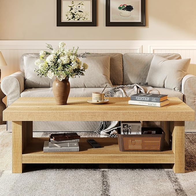 47-Inch Rectangle Coffee Table, Wood Rectangular Center Tables, Farmhouse Low Cocktail Tea Table for Living Room, Thick Base/Easy Assembly, Natural