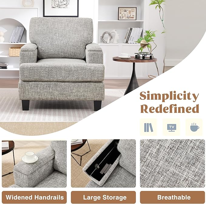 Accent Chairs Set of 2 with Armrest Storage, Upholstered Reading Living Room Chairs, Modern Comfy Large Armchairs, Fabric Single Sofa Chair for Bedroom (Light Grey)
