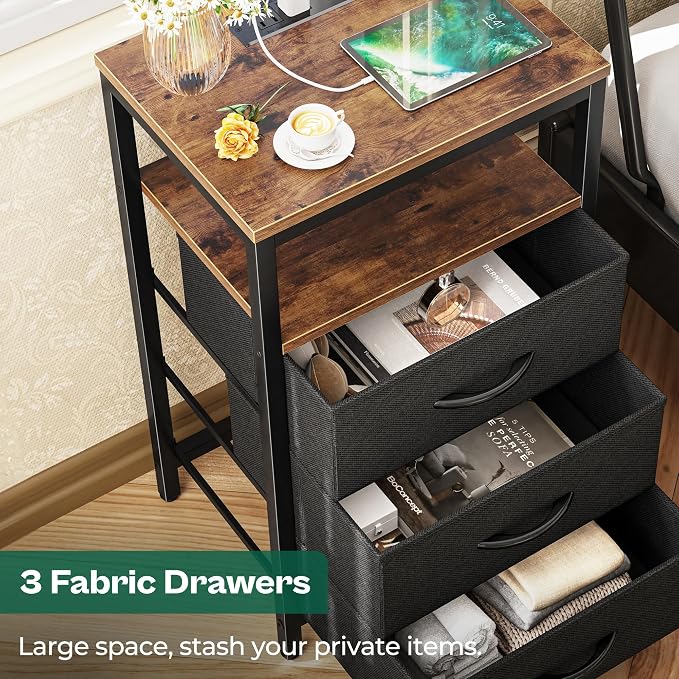 Huuger Nightstand with Charging Station, 27.6 Inch End Table Bedside Table with USB Ports and Outlets, Fabric Drawers, Night Stand for Bedroom, Rustic Brown and Black - Image 5