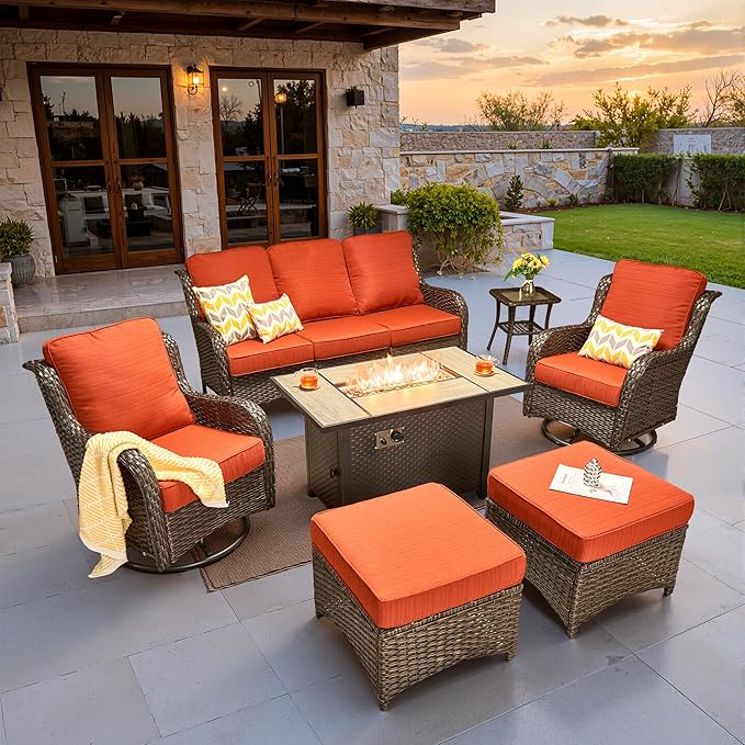 ovios 7-Piece Patio Furniture Set with Swivel Chairs Coffee Table, Outdoor Wicker Sofa with 42" Fire Pit Table, High Back Couch Modern Conversation Sets, Brown/Orange Red