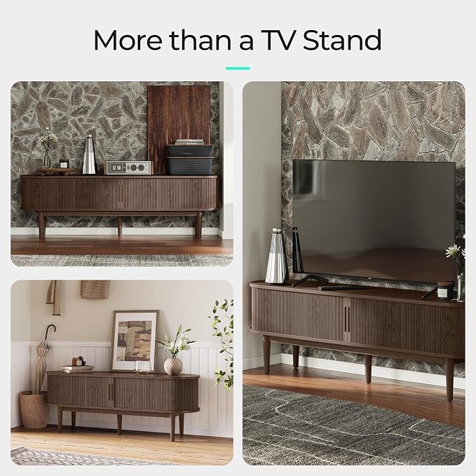 LINSY HOME 58" Fluted TV Stand for TVs up to 65 Inch, Mid Century Modern Entertainment Center with Storage Cabinet and Sliding Doors, Farmhouse Wood Media TV Console for Living Room, Bedroom, Walnut - Image 4