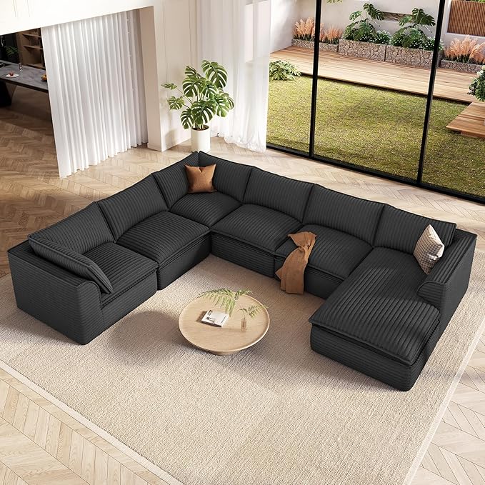 Vesgantti 141.7" Oversized Modular Sectional Sofa, Modern 7 Seat Boneless Couch with Chaise, Deep Seat Plush Corduroy Cloud Style for Living Room, No Assembly Required, Dark Gray