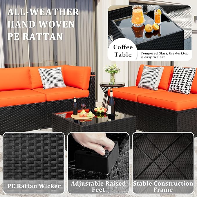 8 Pieces Outdoor Patio Furniture Set with 44" Fire Pit Table Black Rattan Sectional Conversation Sets w/Gas Fire Pit, Coffee Table, 2 Waterproof Covers, Orange