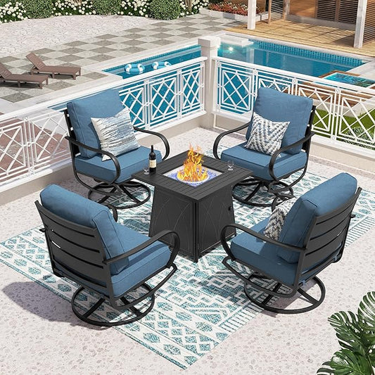 PHI VILLA 5 Piece Patio Furniture Set with 28" Firepit Table, 4 Outdoor 5.75" Cushioned Metal Frame Swivel Sofa Chairs & 28" Gas Firepit Table, Outside Furniture Set for Lawn Garden(Navy Blue)