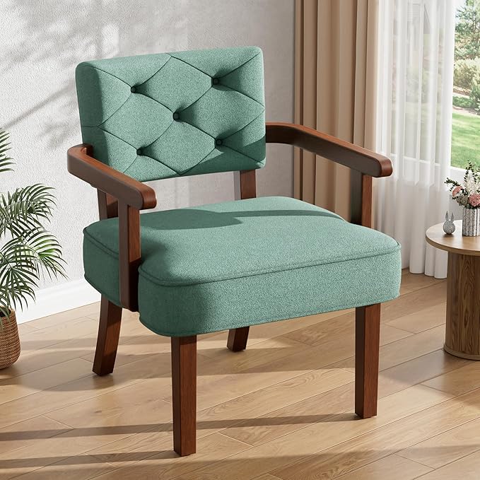Versatile Accent Chair, Small Side Arm Chair,Mid Century Oversize Armchair,Upholstered Wooden Accent Chairs,Tufted Back,Armrest,Cushion, for Office,Waiting/Reading/Living Room, Green