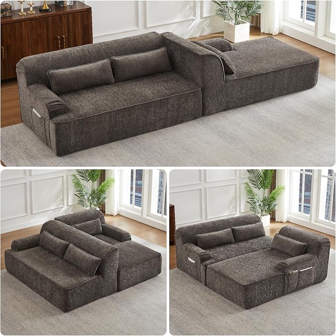 L-Shaped Sectional Sofa, Luxury Upholstered Chenille 3-Seater Sofa with Right Chaise Lounge & 3 Lumbar Pillows, Modern Comfy Oversized Couch with Side Pocket for Living Room, Apartment, Brown