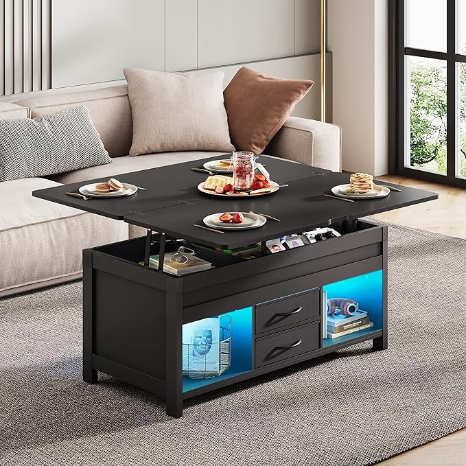 WLIVE 40" Lift Top Coffee Table, 4 in 1 Coffee Tables with Storage, 2 Fabric Drawers, LED Light and USB, Modern Coffee Table with Hidden Compartment for Living Room, Dining Room, Black
