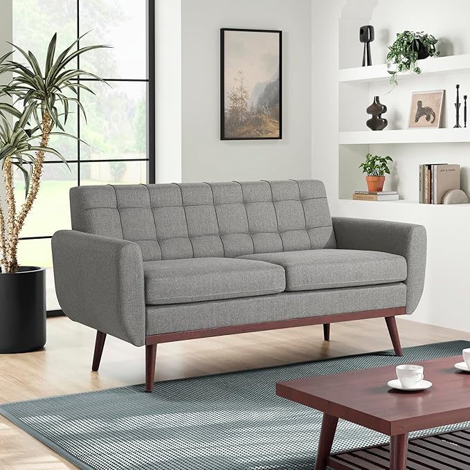 Serta® David 61.2" Modern Sofa, Tufted Back Cushion, Rounded Arms, Solid Wood Legs, Dream Coil® Comfort, Woven Polyester Fabric, Gray