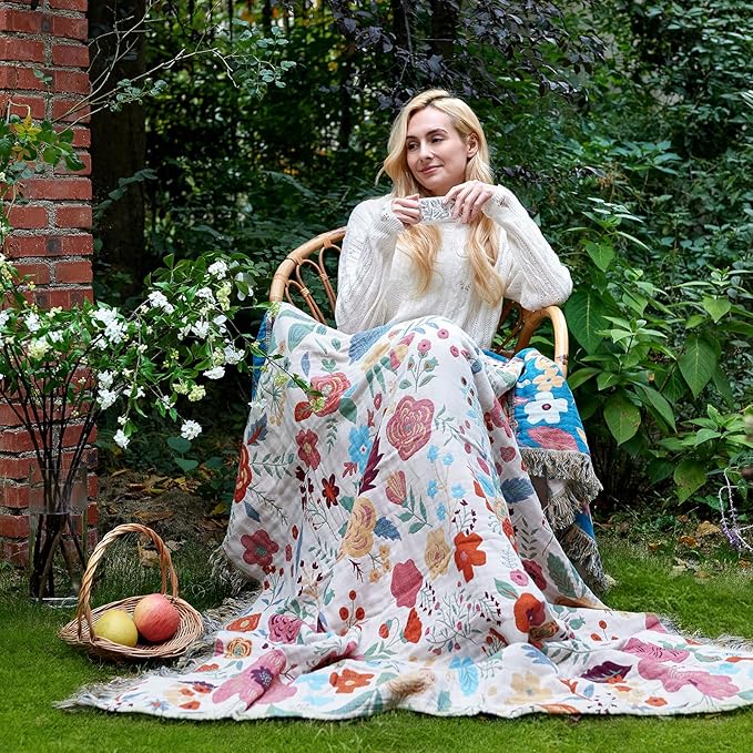 LUTBM Boho Throw Blanket for Couch Sofa Chair Cotton Spring Blankets for Bedroom Living Room All Season Soft Lightweight Reversible Floral Embroidery Throws 50"x60" Bohemian Room Decor