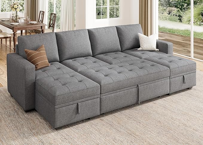 HONBAY Modular Sectional Sleeper Sofa with Pull Out Bed, Linen Convertible L Shaped Couch with Storage Seat, Sectional Couches for Living Room, Grey