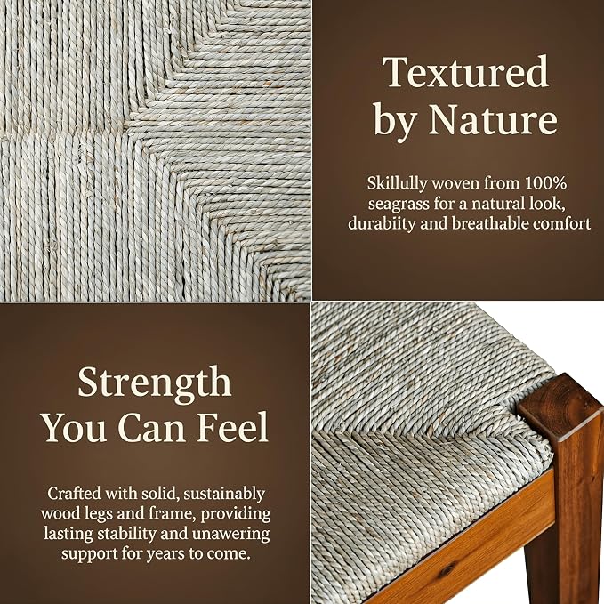 Solid Wood Acacia Indoor Bench with Natural Woven Seat, 45 Inch Wood Bench for Living Room or Entryway, Bedroom End of Bed Bench or Dining Benches, Window Bench - Image 3