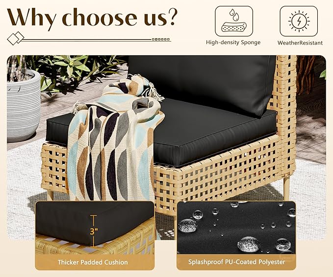 LHBcraft 3 Piece Wicker Patio Furniture Set,Modular Outdoor Furniture,Outdoor Patio Conversation Sets with Fluffy Black Cushions and Coffee Table