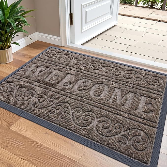 OLANLY Welcome Door Mat Indoor Outdoor Entrance, Heavy Duty Sturdy Front Door Mat, Waterproof All-Weather Doormat, Stain Resistant, Low Profile, Easy Clean Patio Entryway Mat, 36 x 24, Medium Brown by OLANLY
