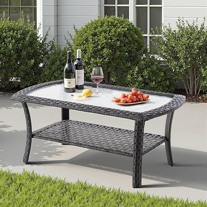 2 Pieces Wicker Patio Furniture Loveseat with Table - Outdoor Rattan Patio Bistro Set of 2,All-Weather PE Wicker Conversation Sofa High Back Deep Seating for Deck Porch Yard,Blue