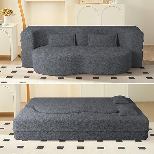 78" Convertible Sofa Bed, 2-in-1 Folding Floor Couch with 2 Pillows, Sleeper Sofa for Living Room and Bedroom, No Assembly Required (Grey, Teddy Fabric)