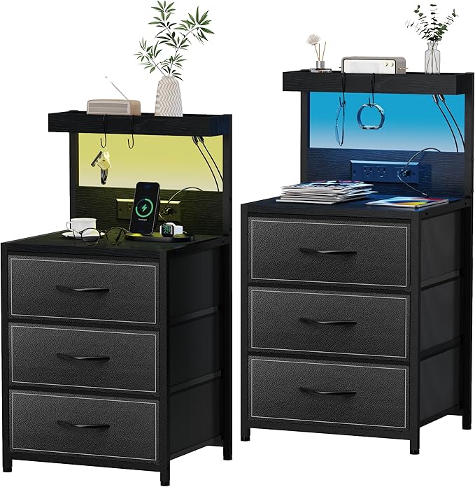 SZLHANJZ LED Nightstand Set of 2, Night Stand with 3 Drawers and Type C Charging Station, Storage End Table with Shelf and Hooks, Large Bedside Table for Dorm Bedroom, Black by SZLHANJZ