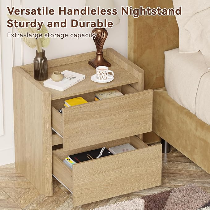 Nightstand with 2 Storage Drawer, Modern End Table for Bedroom with Cut-Out Handle, Large Night Stands for Bedroom, Home Office, Set of 1, Oak - Image 3