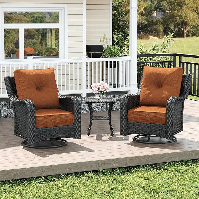 LayinSun 3 Piece Wicker Outdoor Furniture Set with 6-inch Comfy Cushions, High Back Patio Furniture Set with Swivel Rocking Chairs and Side Table