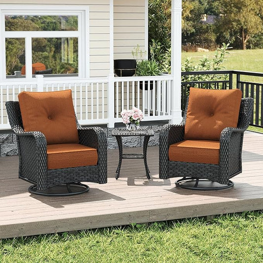 LayinSun 3 Piece Wicker Outdoor Furniture Set with 6-inch Comfy Cushions, High Back Patio Furniture Set with Swivel Rocking Chairs and Side Table