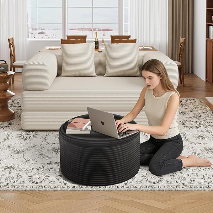 Round Ottoman Coffee Table with High-Resilience Foam Support, Oversized Modular Sectional Sofa Stool for Living Room, Bedroom & Small Spaces, No Assembly Footrest, Dark Gray, 32"