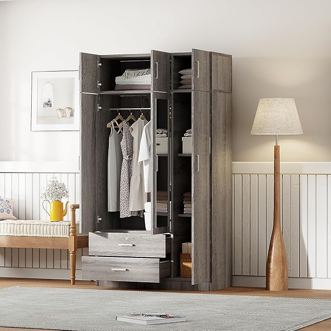 Merax 3 Doors Wardrobe with Mirror Door and Top Cabinet, Wooden Closet Wardrobe Organizers with Hanging Rail, 2 Drawers and 4-Tier Storage Shelves for Bedroom, Laundry Room, Gray