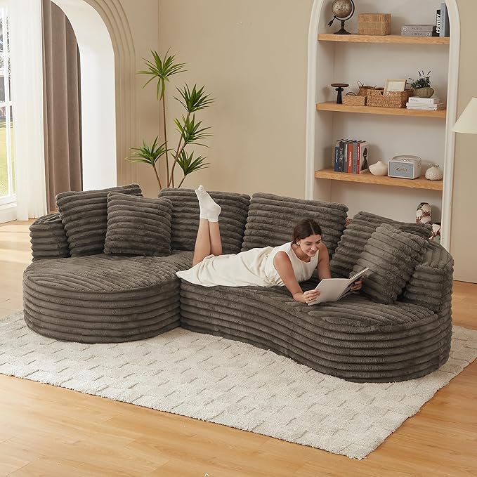 Plush Corduroy Cloud Sectional Sofa with Curved Chaise, Oversized 2 Pieces Modular Lounge Sofa with Deep Seat, Upholstered Sponge Compressed Couches for Living Room Bedroom,No Assembly Required