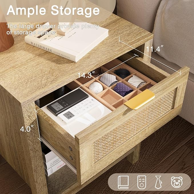KIGOTY Farmhouse Nightstands, Night Stand, Rattan Nightstand Bedside Table with Drawer, Boho End Side Tables with Open Shelf for Bed Room, Natural Oak - Image 4