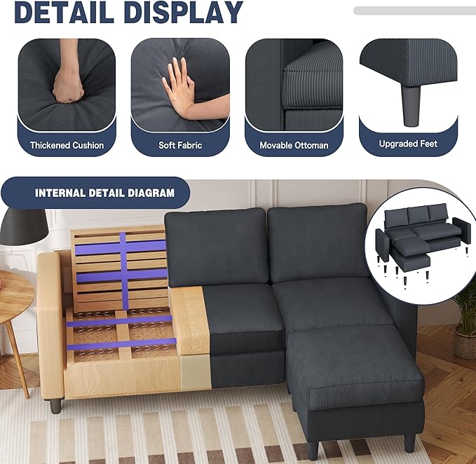 Shintenchi Convertible Sectional Sofa Couch,L-Shaped Modular Sofas with Reversible Ottoman,3-Seat Upholstered Corduroy Sofa Couch,Small Couches for Apartment,Living Room and Office(Dark Grey)