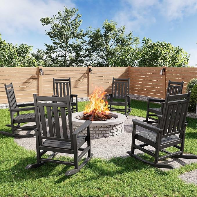 Garvee HDPE Rocking Chair Outdoor Set of 2 - Poly High Back Porch Rocker Chairs for Adults - All Weather Resistant Furniture for Patio Front Porch - Black - Image 8