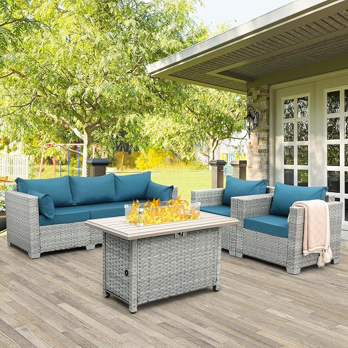 WAROOM Patio Furniture Set 4 Piece Outdoor Wicker Conversation Sets PE Rattan Couch Sectional Sofa with Fire Pit Table, Peacock Blue Cushion