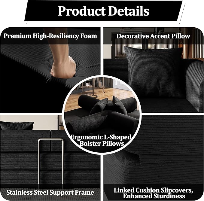 59'' Convertible Compressed Corduroy Folding Cloud Sofa Bed, Modern Boneless Pull Out Loveseat Sleeper in a Box, 4 in 1 Floor Mattress Futon Cloud Couch, No Assembly Needed, Black, 2 Pillows, Queen