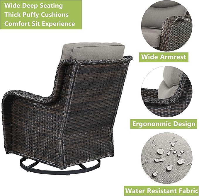 Rilyson Wicker Rocking Chair Swivel Chairs - 3 PC Rocker Patio Furniture Set Rattan Rocking Bistro Sets with Glass Top Side Table for Outdoor Porch Deck Garden Backyard (Brown/Grey/Smile)