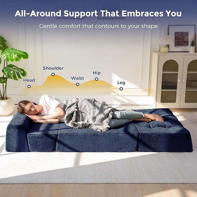MAXYOYO 8" Folding Sofa Bed, Convertible Sleeper Sofa Lounger Foldable Mattress, Wedge Shape Floor Couch Tufted Fold Out Chair Bed Comfy Floor Couch Lounge for Living Room Bedroom, Single, Navy